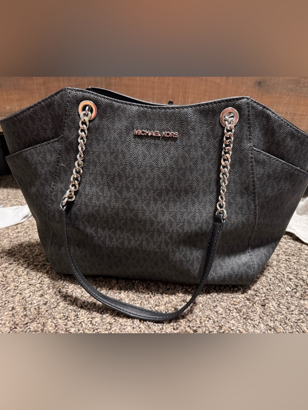 Michael Kors MK Signature Large Chain Shoulder Tote Bag Black Handbag Purse Lady